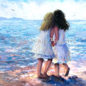 Two Beach Sisters Art Print blonde and brunette sisters, two daughters brunette and blonde, two girls beach ocean art, Vickie Wade Art