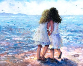 Two Beach Sisters Art Print blonde and brunette sisters, two daughters brunette and blonde, two girls beach ocean art, Vickie Wade Art