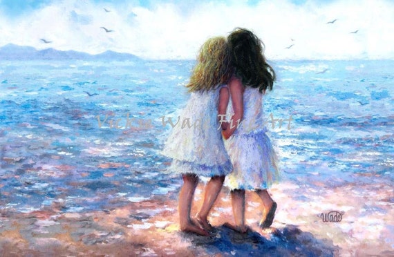 Two Beach Sisters Art Print: Blonde and Brunette, Vickie Wade Art