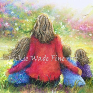 Mother Three Children Art Print, two girls and boy, two sisters and brother, girl boy girl, mom hugging, flower garden, Vickie Wade art