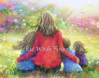 Mother Three Children Art Print, two girls and boy, two sisters and brother, girl boy girl, mom hugging, flower garden, Vickie Wade art