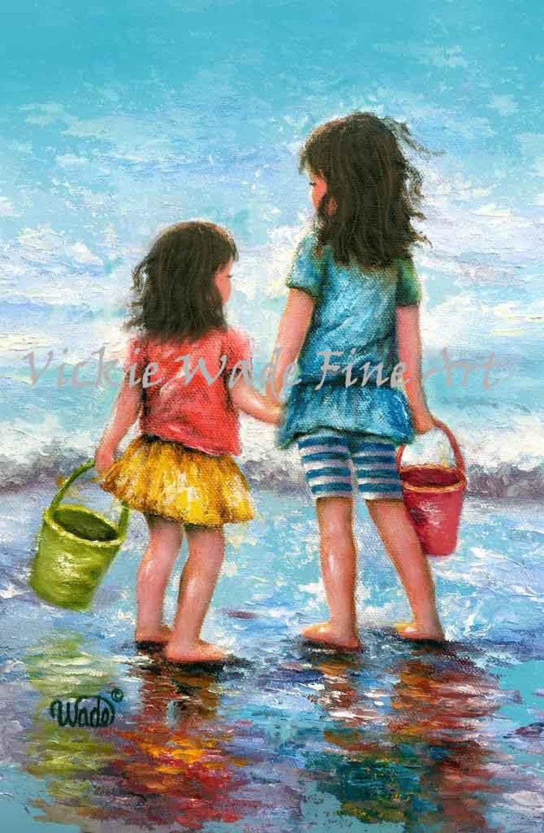 Two Sisters Beach Art Print beach girls, two beach girls, brunette sisters, big sister little sister, two daughters beach,Vickie Wade art image 5