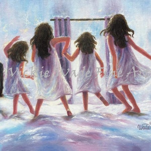 Four Sisters Jumping on the Bed Art Print, four girls, four brunette daughters wall art, four sisters wall art,  Vickie Wade art