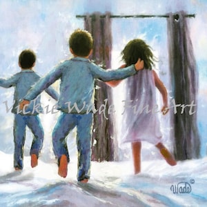 Children Jumping Art Print: Two Brothers and Sister Bedroom Wall Art