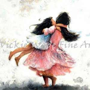 Two Sisters Art Print: Girls Twirling Illustration, Pink Room Decor