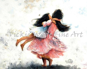 Two Sisters Twirling Art Print, two girls playing, two daughters, big sister carrying little sis, pink girls room wall art, Vickie Wade Art.