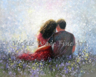 Loving Couple Art Hugs, meadow lovers, side by side, lovers sitting in field, anniversary wedding gift, man and woman love, Vickie Wade Art