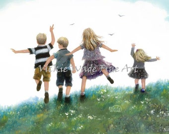 Four Children Leaping blonde girl boy boy girl in meadow, two girls two boys, two brothers two sisters, Vickie Wade Art