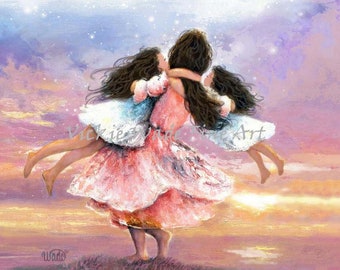 Three Sisters Twirling Art Print, three girls, twin girls, three daughters, girls spinning in dresses at sunset, Vickie Wade Art