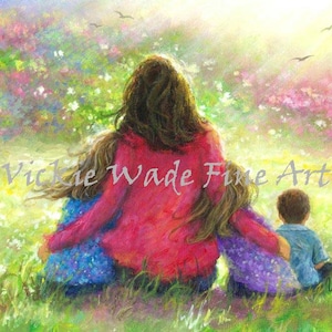 Mother Three Children Art Print, mom hugging two daughters and son, two sisters and brother, two girls and boy, flower garden, Vickie Wade
