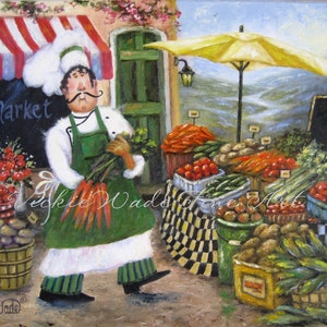 Chef Art Print, fat chefs chef paintings prints chef art kitchen decor cafe french market food, market chef and vegetables, Vickie Wade image 1