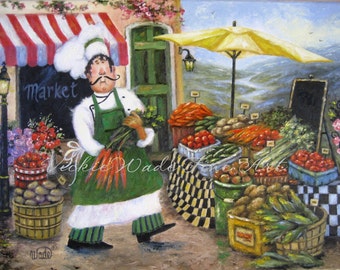 Chef Art Print, fat chefs chef paintings prints chef art kitchen decor cafe french market food, market chef and vegetables, Vickie Wade