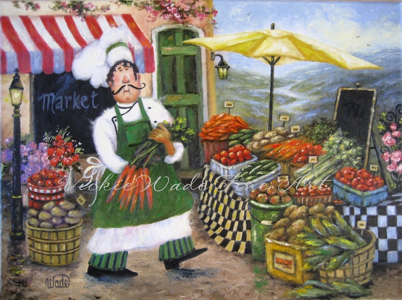Chef Art Print, fat chefs chef paintings prints chef art kitchen decor cafe french market food, market chef and vegetables, Vickie Wade image 1
