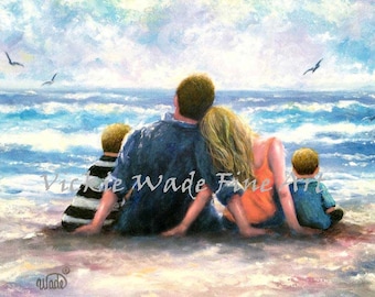 Beach Family Two Sons Art Print, mother father sons beach paintings wall art, mom dad two boys beach, two beach boys, Vickie Wade art