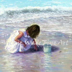 Beach Girl Art Print, brunette beach girl, beach art, beach paintings, beach decor, white dress, daughter shelling, seafoam, Vickie Wade Art