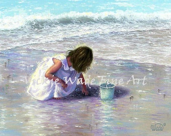 Beach Girl Art Print, brunette beach girl, beach art, beach paintings, beach decor, white dress, daughter shelling, seafoam, Vickie Wade Art