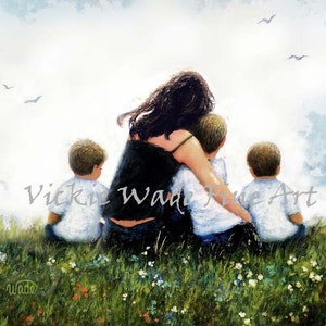 Mother and Three Sons Art Print, mom, twin boys big brother, brunette mother, mom hugging three sons, three blond boys,  Vickie Wade Art