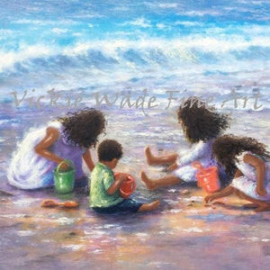 Four Beach Children Art Print, african american children, black children, dark skin, latino children beach, three girls, boy, Vickie Wade