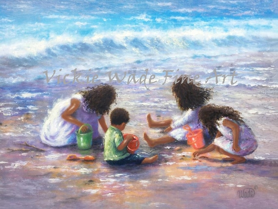 Beach Children Art Print: African American, Latino Siblings