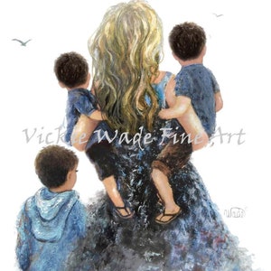 Mother and Three Sons Art Print, three boys, three brothers, mother carrying sons, gift for mom, blond mother, love, Vickie Wade Art. image 2