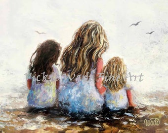 Mutter zwei Töchter Strand Art Print, zwei Schwestern, brünett und blond zwei Mädchen, blonde Mama, Mama, sitzend am Meer, Vickie Wade Art