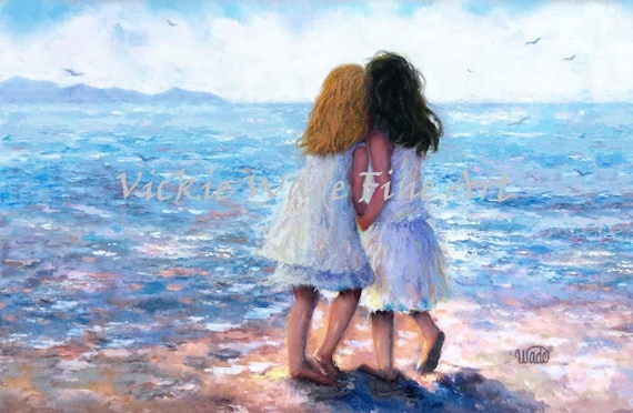 Two Beach Sisters Art Print: Blonde and Brunette, Vickie Wade Art