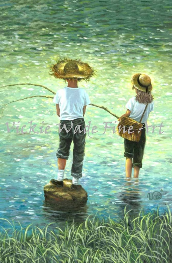 Fishing Art Print, boy and girl fishing wall art brother sister fishing,  childrens wall art country kids, blue, green, Vickie Wade Art