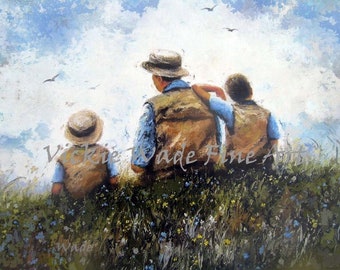 Father Two Sons Art Print, dad sitting together talking, two boys, two brothers, fatherhood, Father's Day gift, gift for dad, Vickie Wade