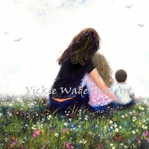 Mother Daughter and Son Art Print, mom hugging kids in meadow, big sister little brother, girl and boy, Vickie Wade Art.