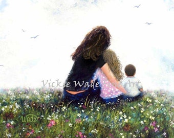 Mother Daughter and Son Art Print, mom hugging kids in meadow, big sister little brother, girl and boy, Vickie Wade Art.