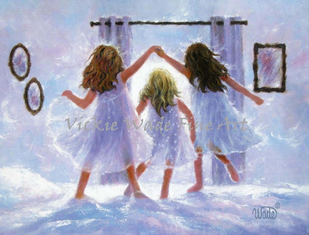 Three Sisters Art Print: Girls Jumping on Bed, Bedroom Wall Decor