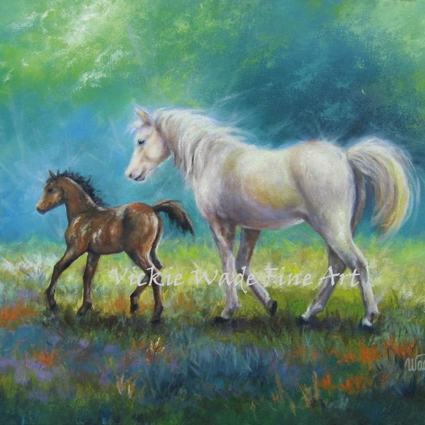 Horse Painting ORIGINAL oil, 20X24, mère cheval et poulain, peinture originale de cheval, cheval blanc, jument et poulain, chevaux, art Vickie Wade