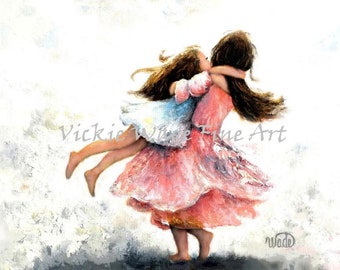 May include: A painting of two girls hugging. The girl in the front is wearing a pink dress and holding the other girl in her arms. The girl in the back is wearing a blue dress. The background is a light blue and white.