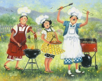 Chefs Art Print, fat chefs, chef paintings, chef art, BBQ chefs, barbeque chefs, kitchen art, summer art, lady chef, Vickie Wade art