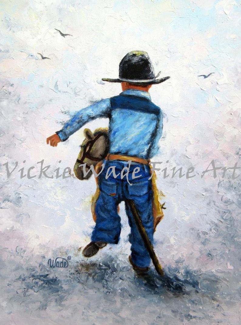 Little Cowboy Art Print, boys room, lasso, little boy, western wall art, black cowboy hat, little cowboy and stick horse art, Vickie Wade image 2