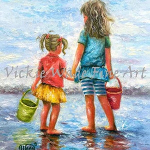 Two Sisters Beach Art Print beach girls, two beach girls, brunette sisters, big sister little sister, two daughters beach,Vickie Wade art image 3