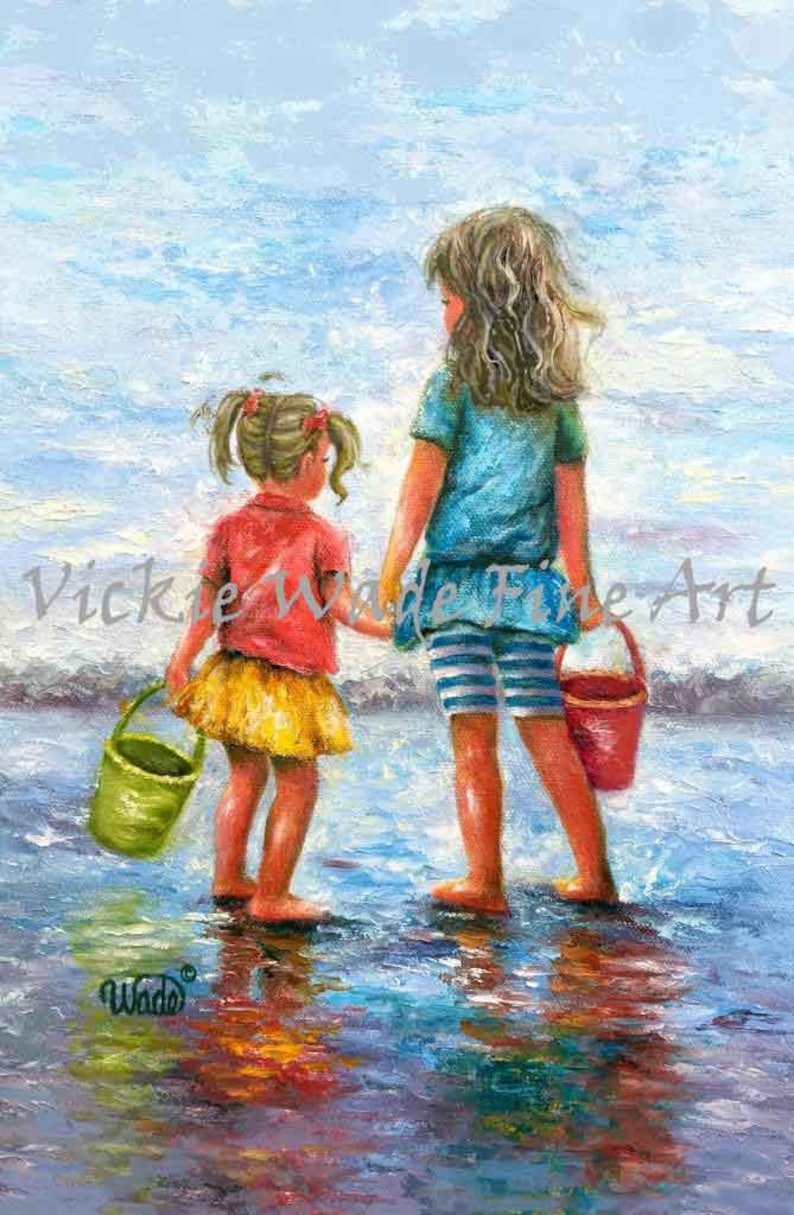 Two Sisters Beach Art Print beach girls, two beach girls, brunette sisters, big sister little sister, two daughters beach,Vickie Wade art image 3