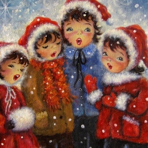 Four Sisters Singing Art Print, four daughters, four girls singing, Christmas Carolers, carols red capes, Vickie Wade Christmas art image 2