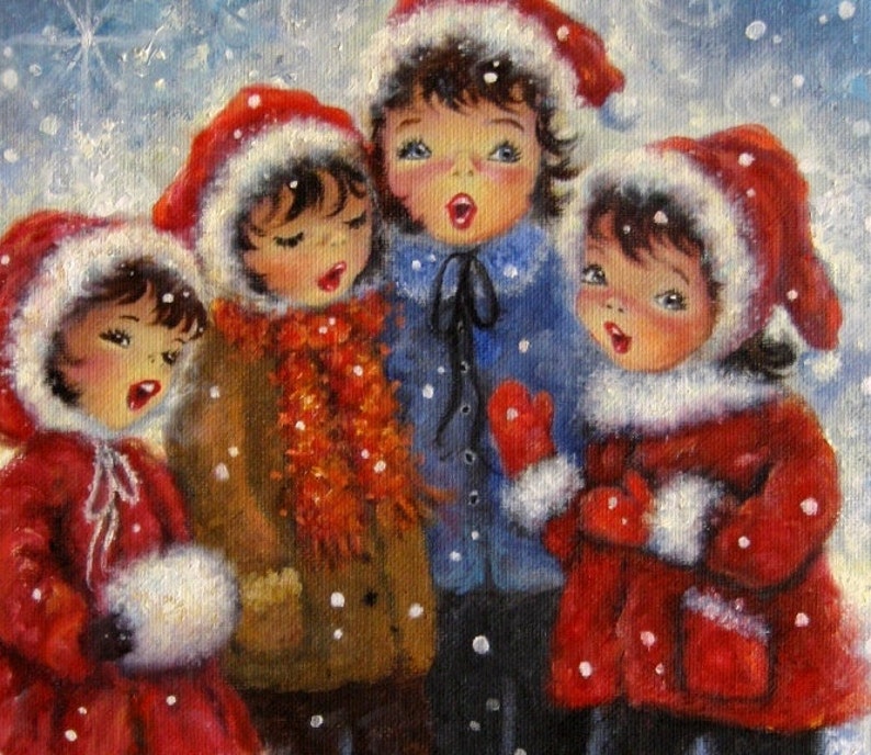 Four Sisters Singing Art Print, four daughters, four girls singing, Christmas Carolers, carols red capes, Vickie Wade Christmas art image 2