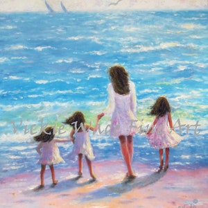 Mother and Three Daughters Beach Art Print, mom, three girls, beach sisters, three sisters, mother's day gift, loving mom, Vickie Wade Art image 4