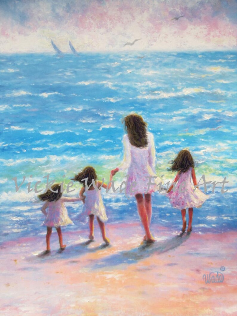 Mother and Three Daughters Beach Art Print, mom, three girls, beach sisters, three sisters, mother's day gift, loving mom, Vickie Wade Art image 4