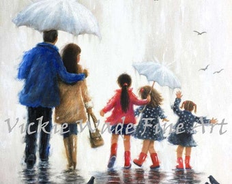 Three Sisters Art Print, rain family, three daughters, three girls, father mother three daughters wall art, Vickie Wade art