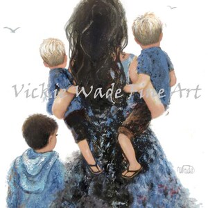 Mother and Three Sons Art Print, three boys, three brothers, mother carrying sons, gift for mom, blond mother, love, Vickie Wade Art. image 3