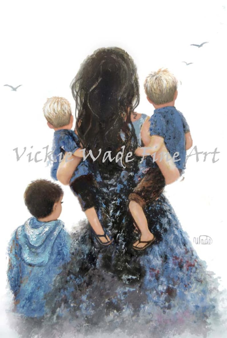 Mother and Three Sons Art Print, three boys, three brothers, mother carrying sons, gift for mom, blond mother, love, Vickie Wade Art. image 3