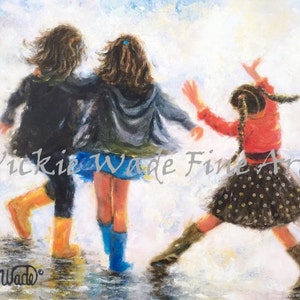 Three Sisters Art Print, three girls wall art, three girlfriends, three daughters, happy feet painting, Vickie Wade art image 1