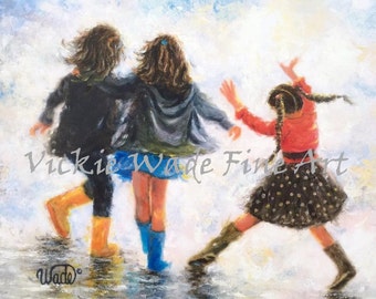 Three Sisters Art Print, three girls wall art, three girlfriends, three daughters, happy feet painting, Vickie Wade art