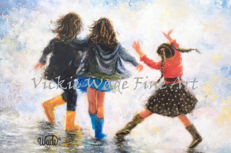 Three Sisters Art Print, three girls wall art, three girlfriends, three daughters, happy feet painting, Vickie Wade art image 1