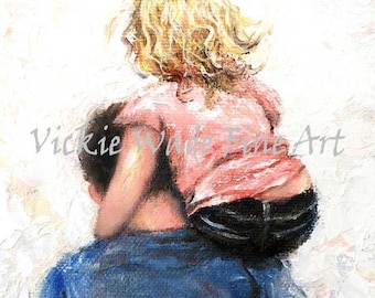 May include: A painting of a father carrying his daughter on his shoulders. The girl has long blonde hair and is wearing a pink shirt and blue jeans. The father is wearing a blue shirt. The background is white.