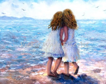 Two Sisters Beach Art Print redhead beach girls, two red haired sisters, two redheads sisters, whispering, red hair, Vickie Wade art