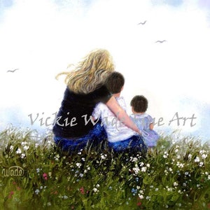Mother Son and Daughter Art Print, mom hugging boy and girl, brother and baby sister, grandma two grandkids, Vickie Wade Art.